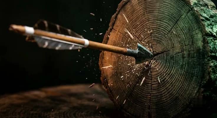 The arrow striking the end grain of a log, splinters bursting outward.