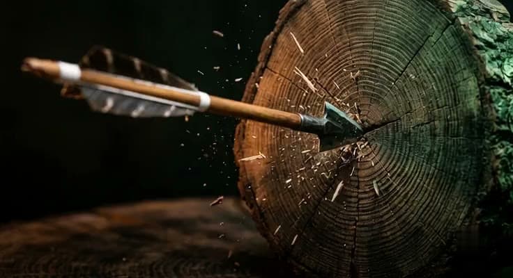 The arrow striking the end grain of a log, splinters bursting outward.