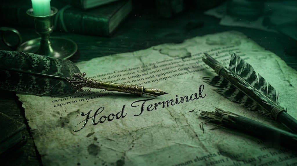 A quill pen resting across a handwritten ledger page, lit by a green candle.
